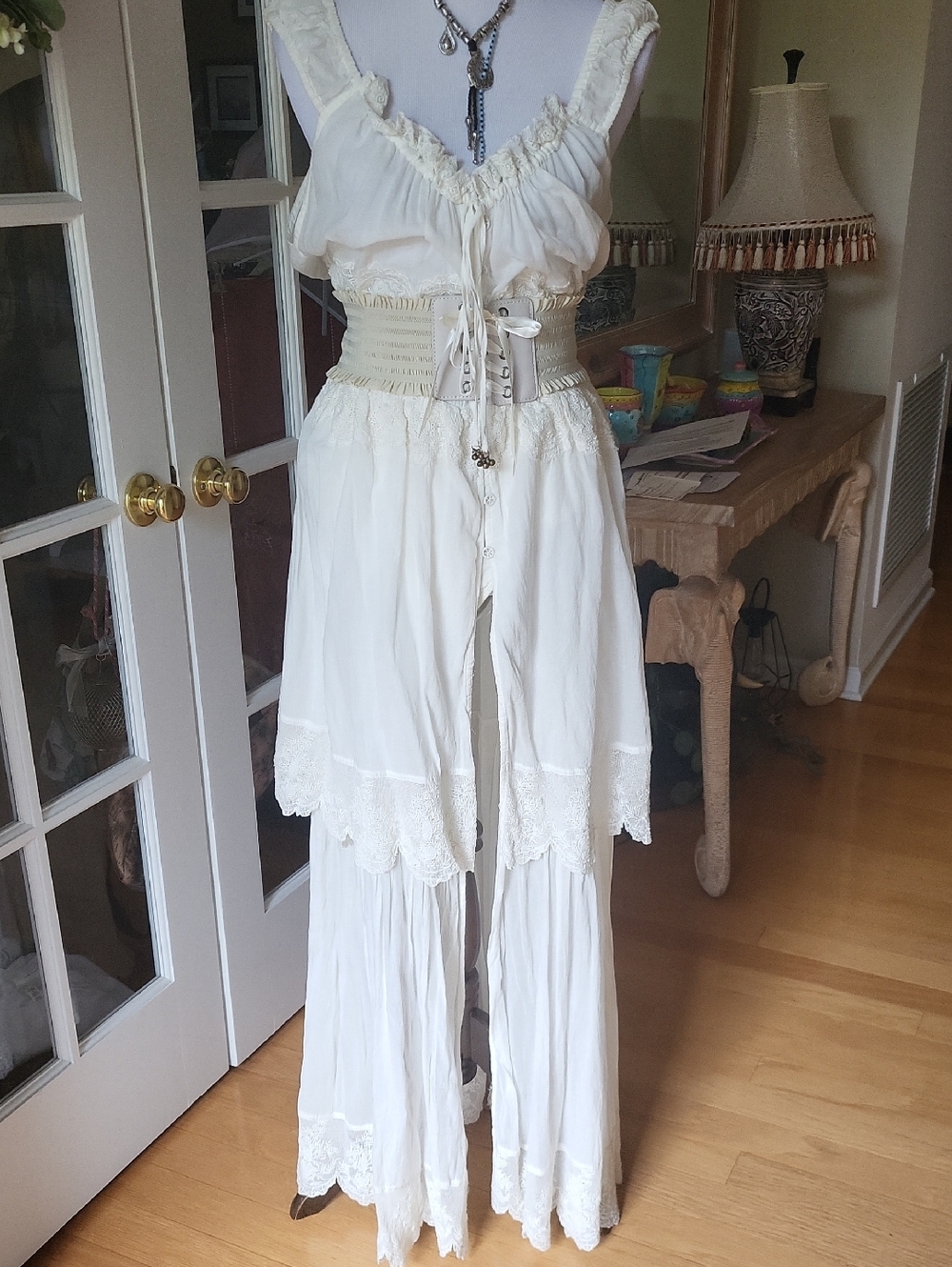 Free People White Eyelet Midi Dress with High Slit Bodysuit Built In.